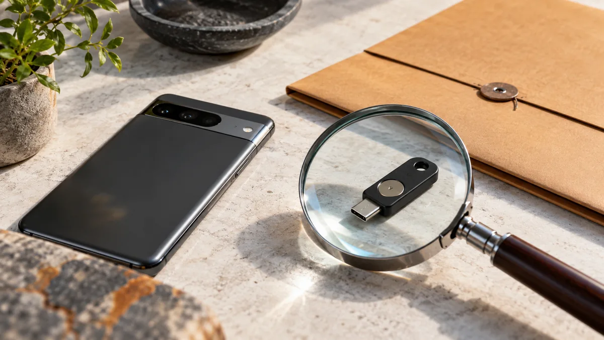 Android手机、文件资料与放大镜组成的安装文件核对场景