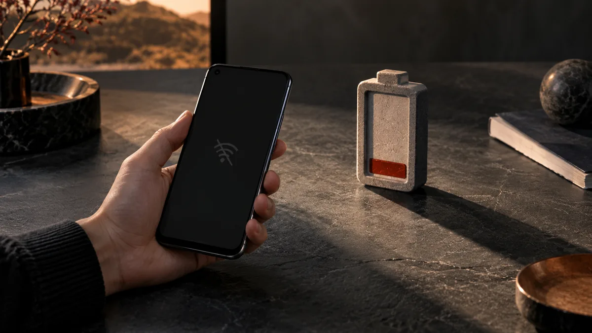 手持Android手机与电池造型物件组成的后台电量管理概念场景